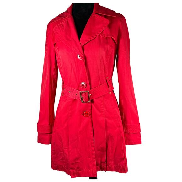 Y2K Kenneth Cole Red Belted Trench Coat Gold Accents Women's Small Retro Chic - Picture 1 of 9